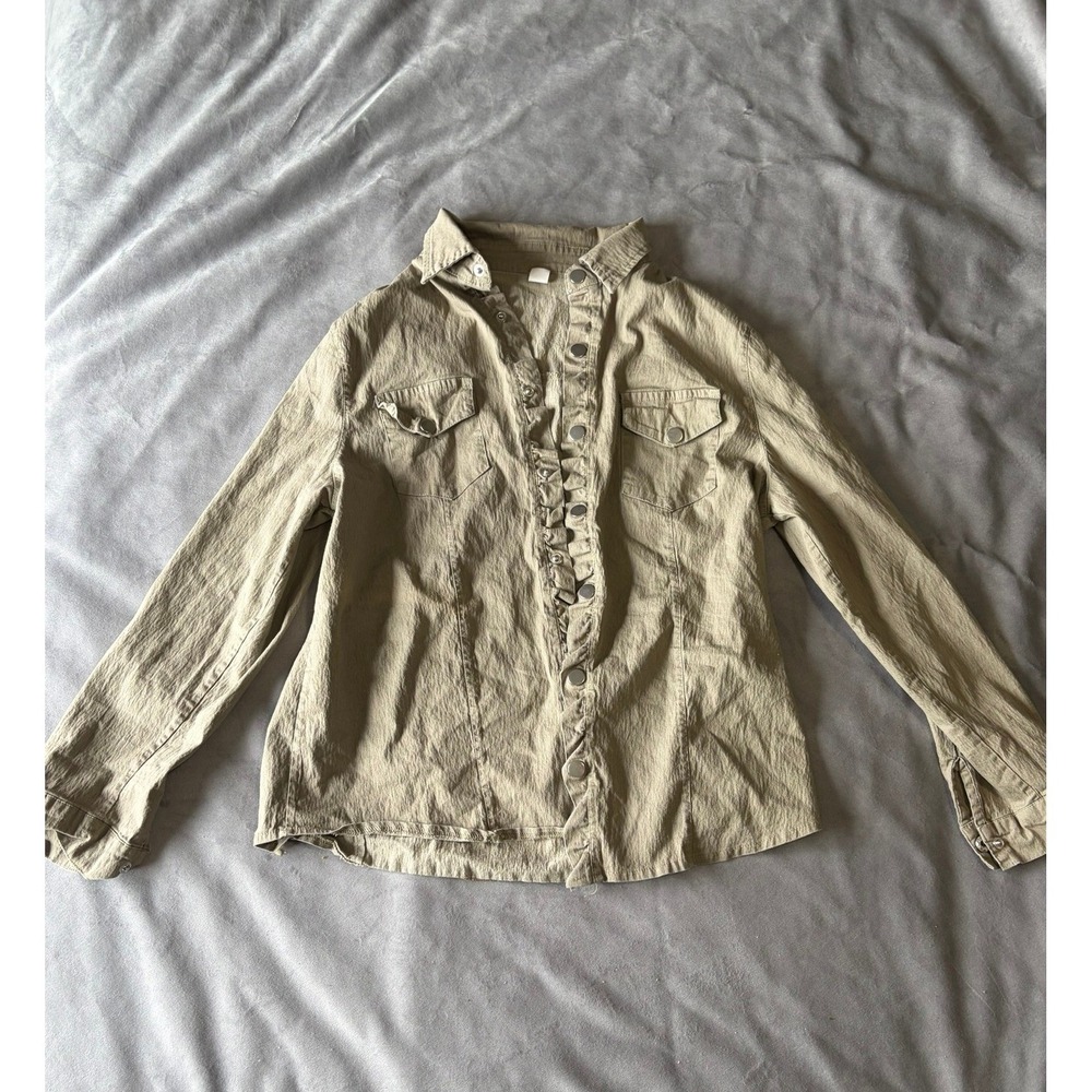 Jeans Brand Khaki Tan Crinkle Textured Button Down Shirt Utility Pockets XL Mens
